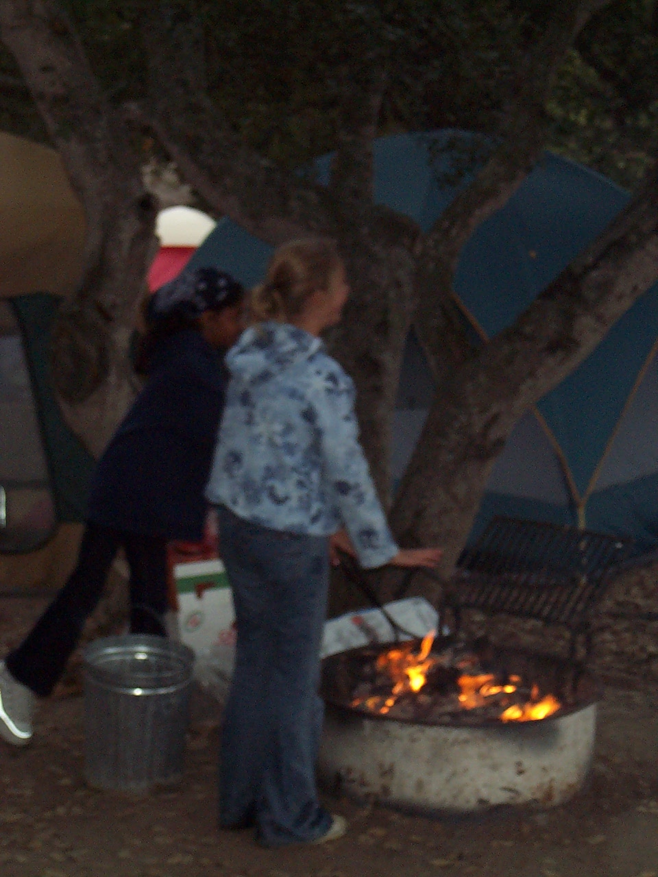 Warming up by the fire.